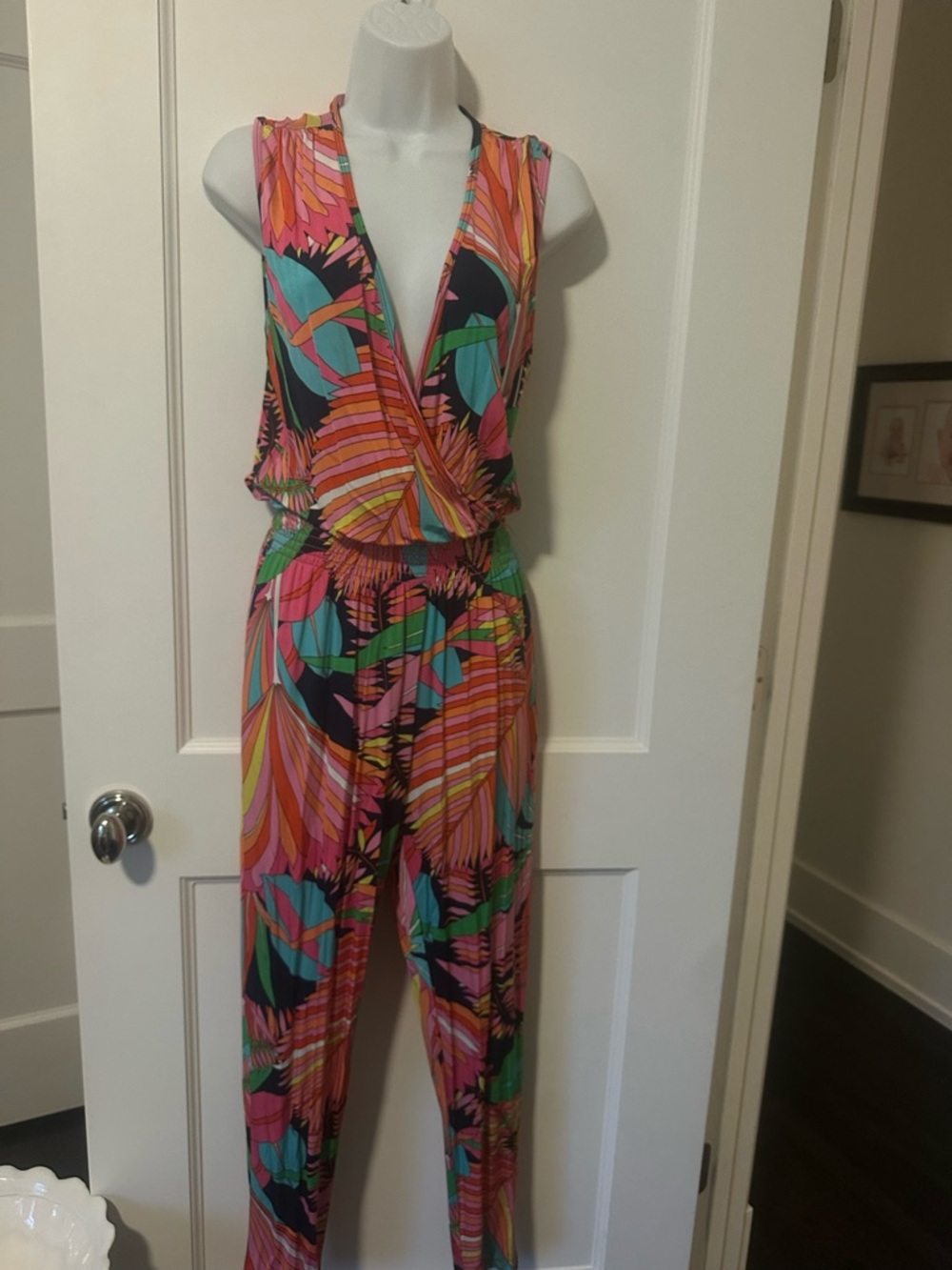 Trina Turk Tropical Print Sleeveless Jumpsuit in Pink, Teal & Orange